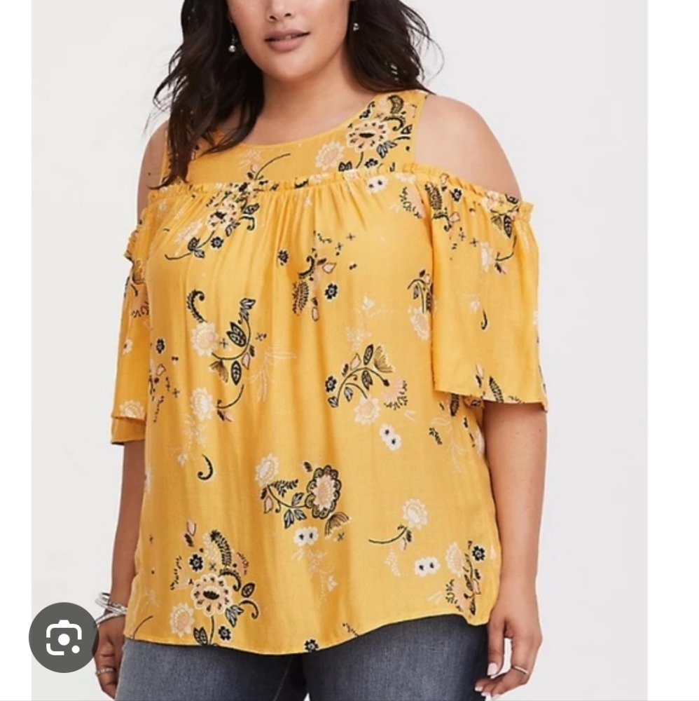 Torrid Floral Yellow Cold Shoulder Top Size 1